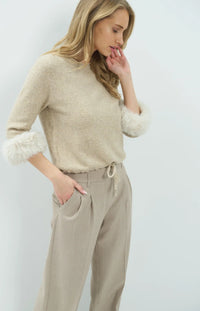YAYA - Sweater with Detachable Fur Cuffs in Light Beige Melange