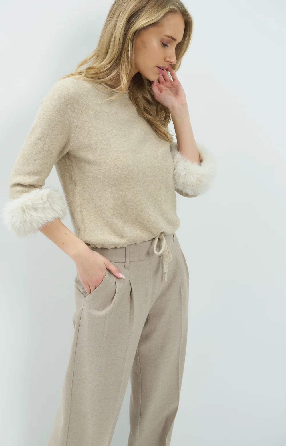 YAYA - Sweater with Detachable Fur Cuffs in Light Beige Melange