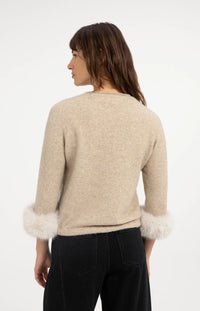 YAYA - Sweater with Detachable Fur Cuffs in Light Beige Melange