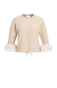 YAYA - Sweater with Detachable Fur Cuffs in Light Beige Melange