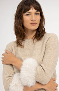 YAYA - Sweater with Detachable Fur Cuffs in Light Beige Melange