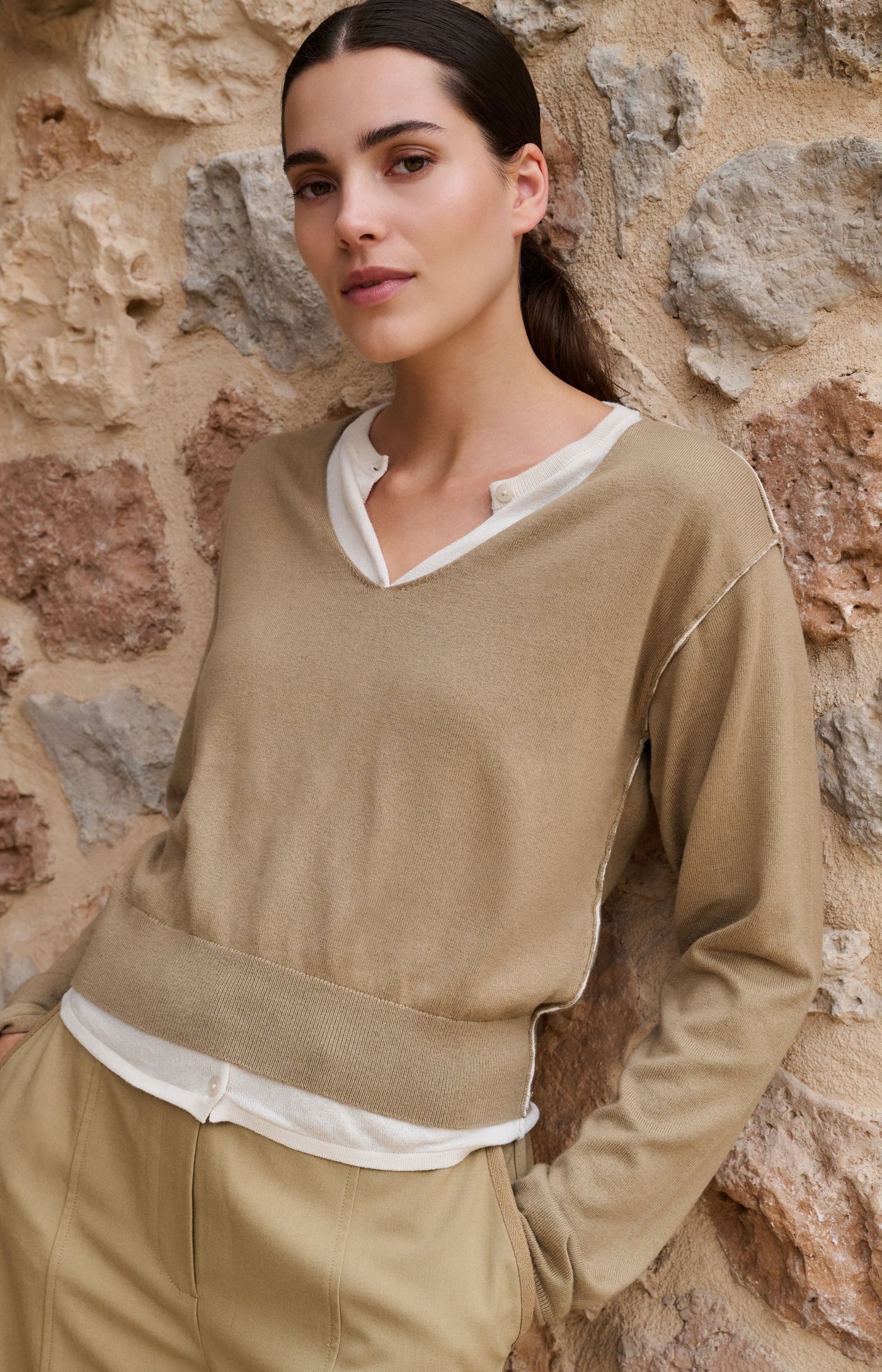 YAYA - Sweater with Layered Look in Khaki Green Dessin