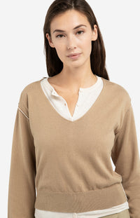 YAYA - Sweater with Layered Look in Khaki Green Dessin