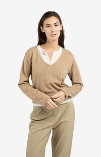 YAYA - Sweater with Layered Look in Khaki Green Dessin