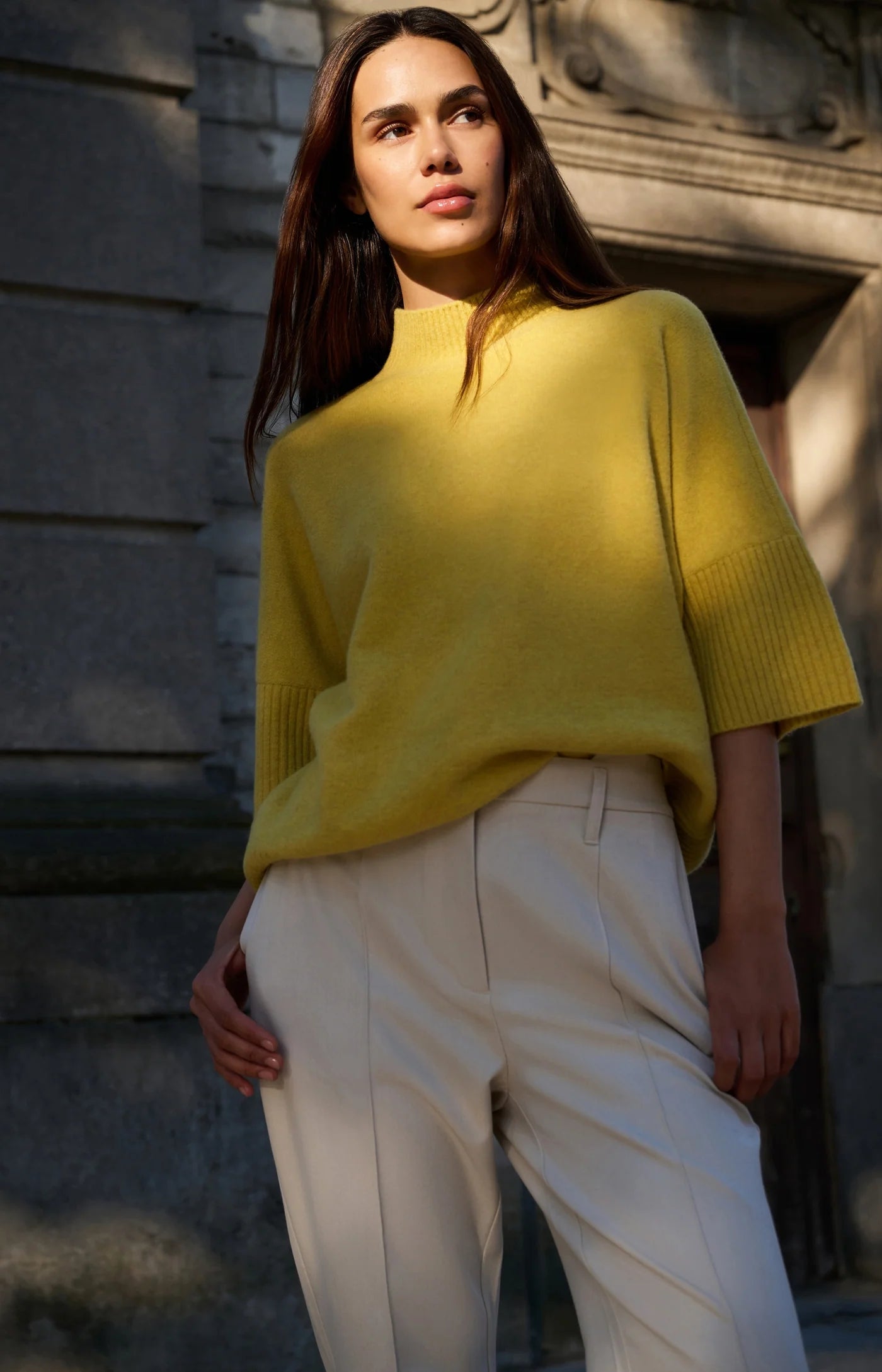 YAYA - Mock Neck Sweater with Ribbed Three-quarter Sleeves