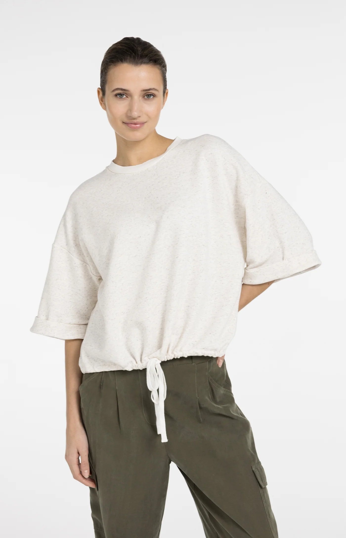 YAYA - Sweatshirt with Rolled Cuffs and Drawcord in Ivory White Melange