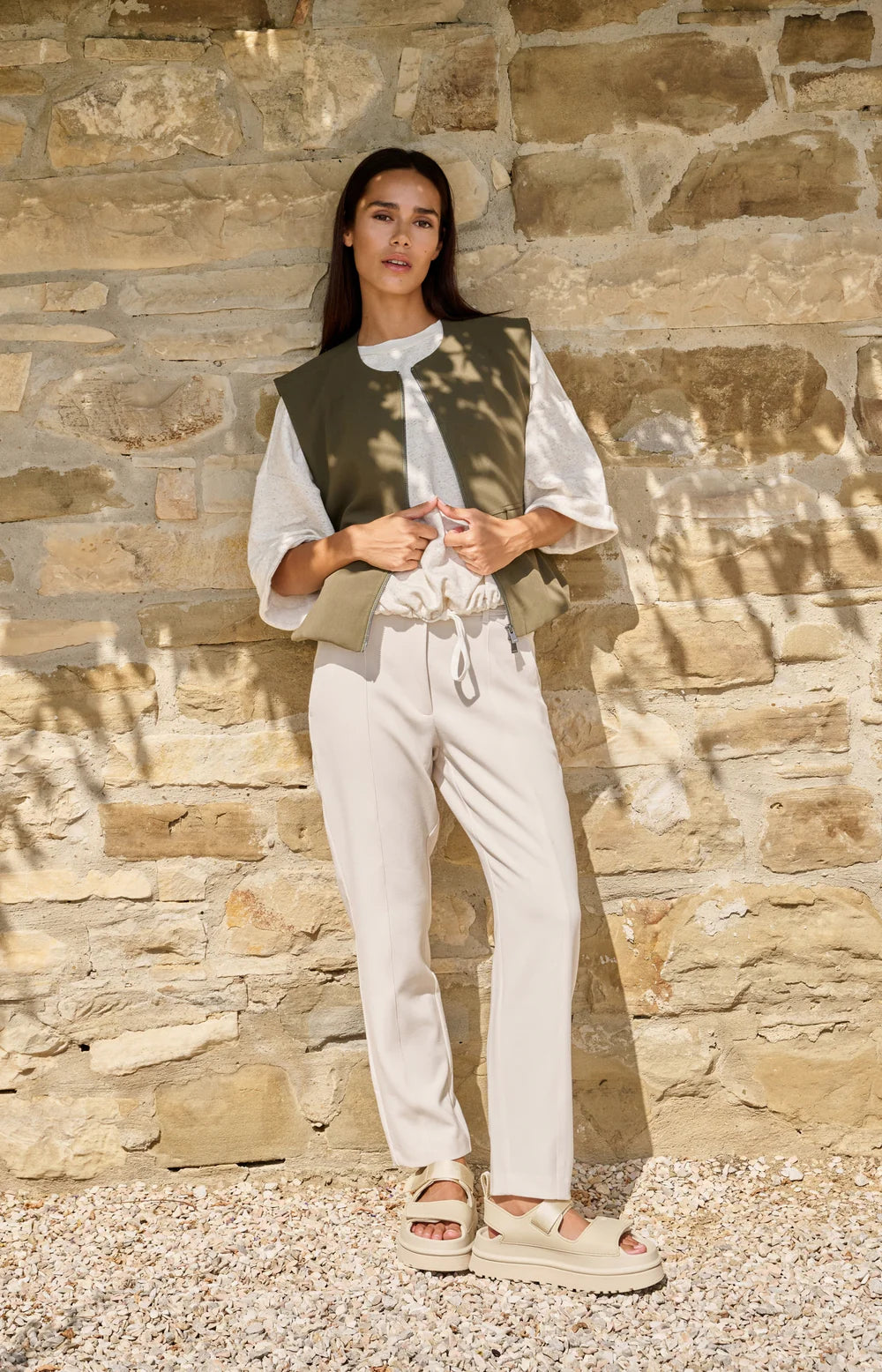 YAYA - Sweatshirt with Rolled Cuffs and Drawcord in Ivory White Melange