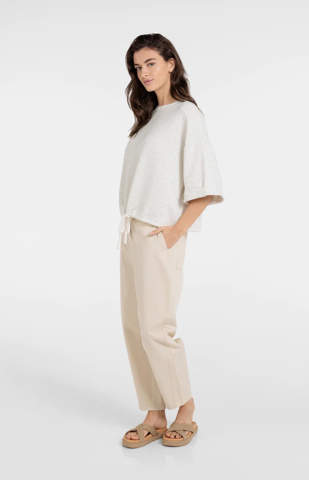 YAYA - Sweatshirt with Rolled Cuffs and Drawcord in Ivory White Melange