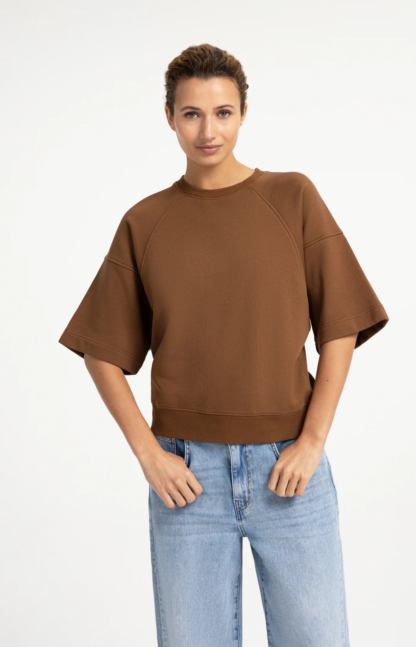 YAYA - Washed Short Sleeve Sweatshirt - Bison Brown