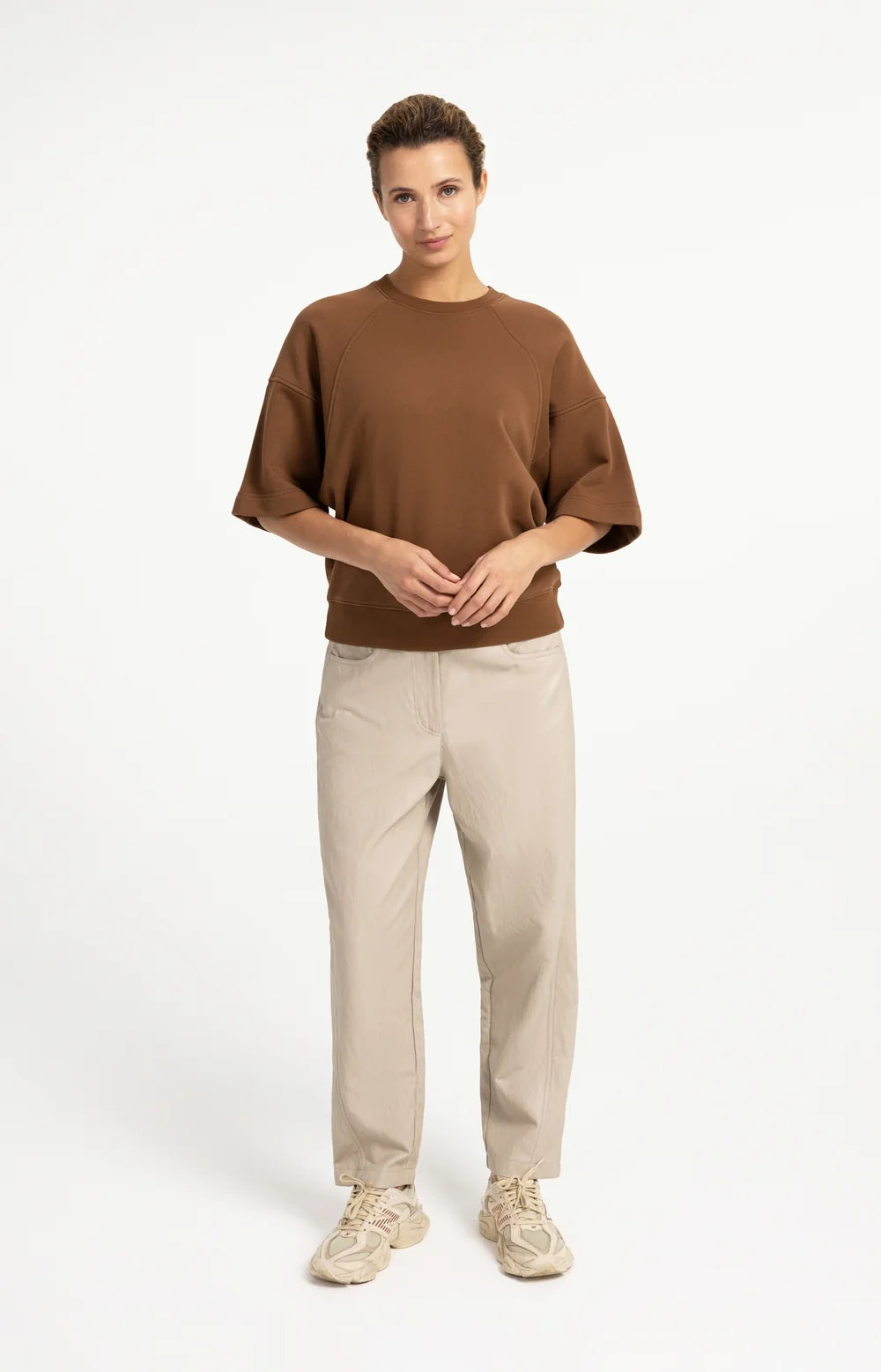 YAYA - Washed Short Sleeve Sweatshirt - Bison Brown