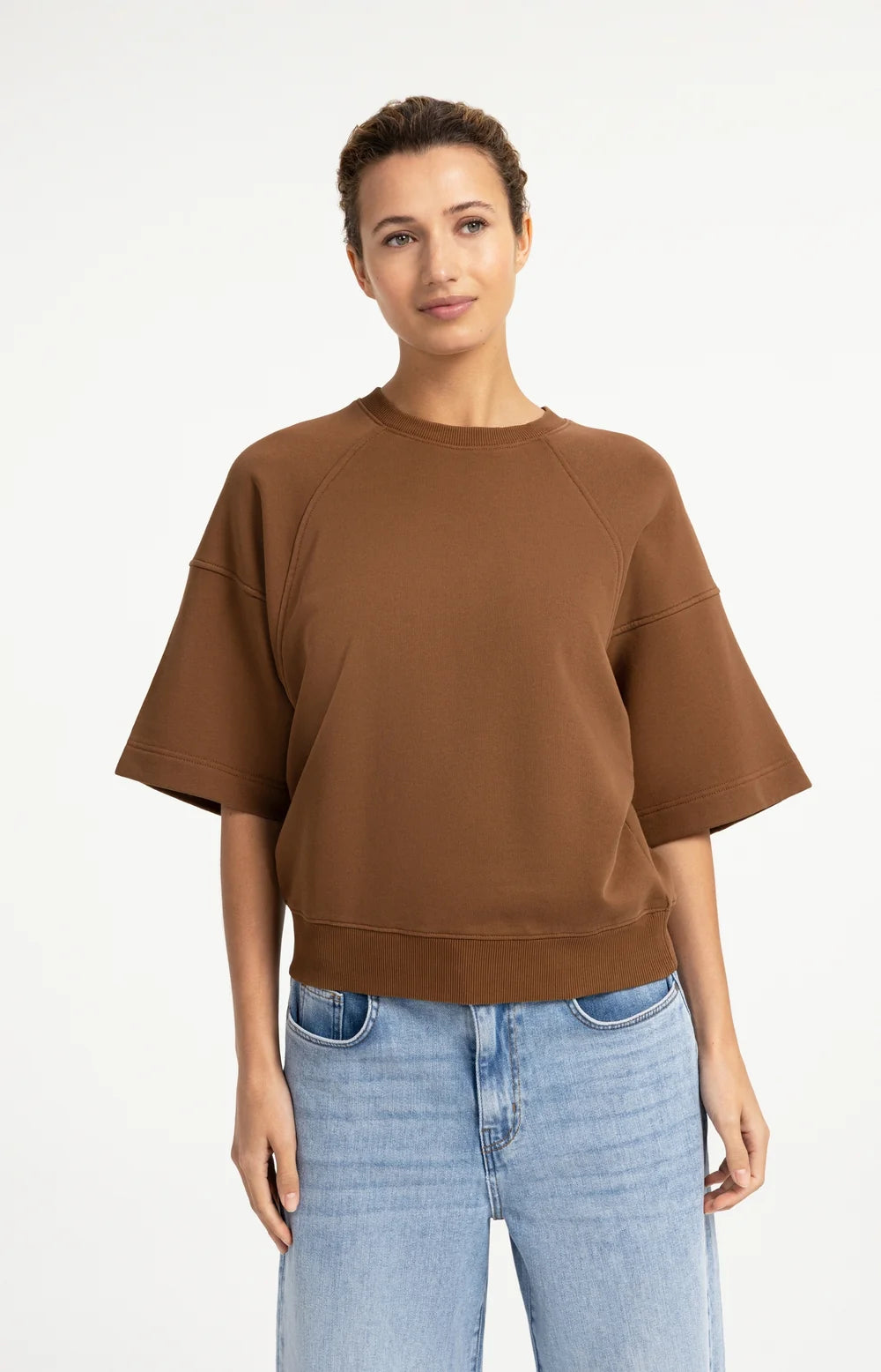 YAYA - Washed Short Sleeve Sweatshirt - Bison Brown