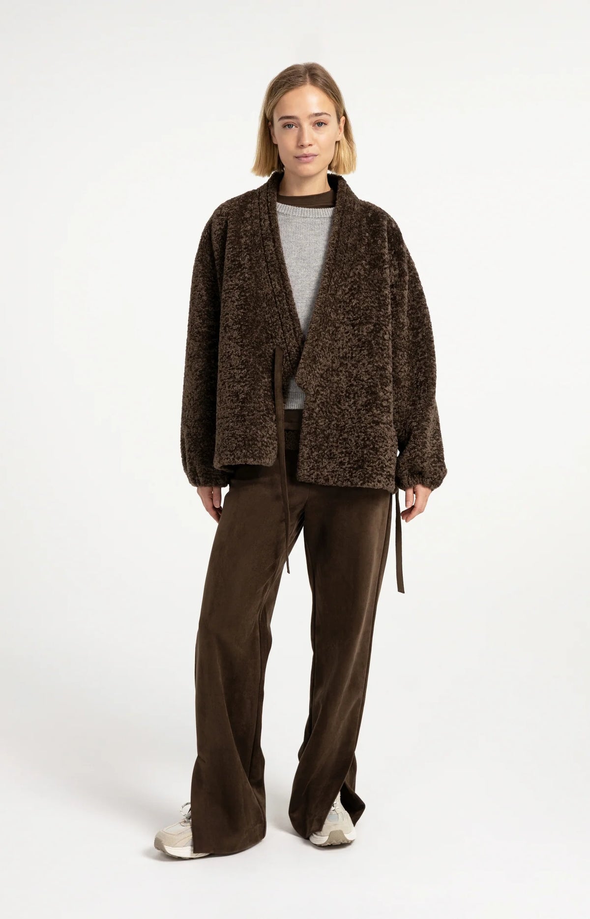 YAYA - Faux Fur Kimono Wrap Jacket in Slate Black Brown