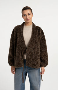 YAYA - Faux Fur Kimono Wrap Jacket in Slate Black Brown