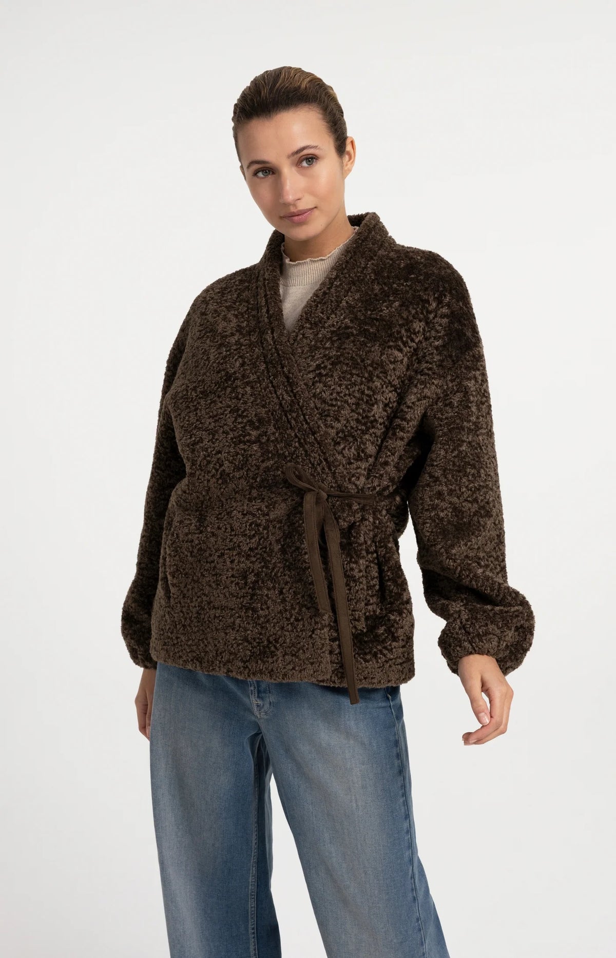 YAYA - Faux Fur Kimono Wrap Jacket in Slate Black Brown