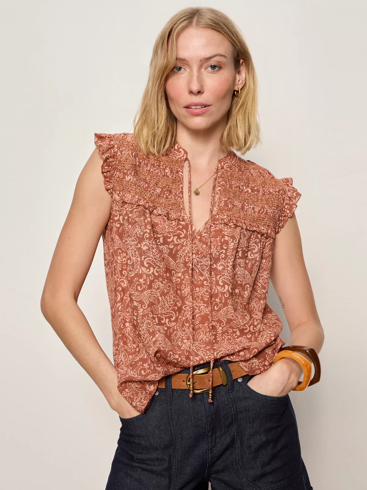 Sanctuary - Free Feeling Smocked Blouse in Mosaic Clay