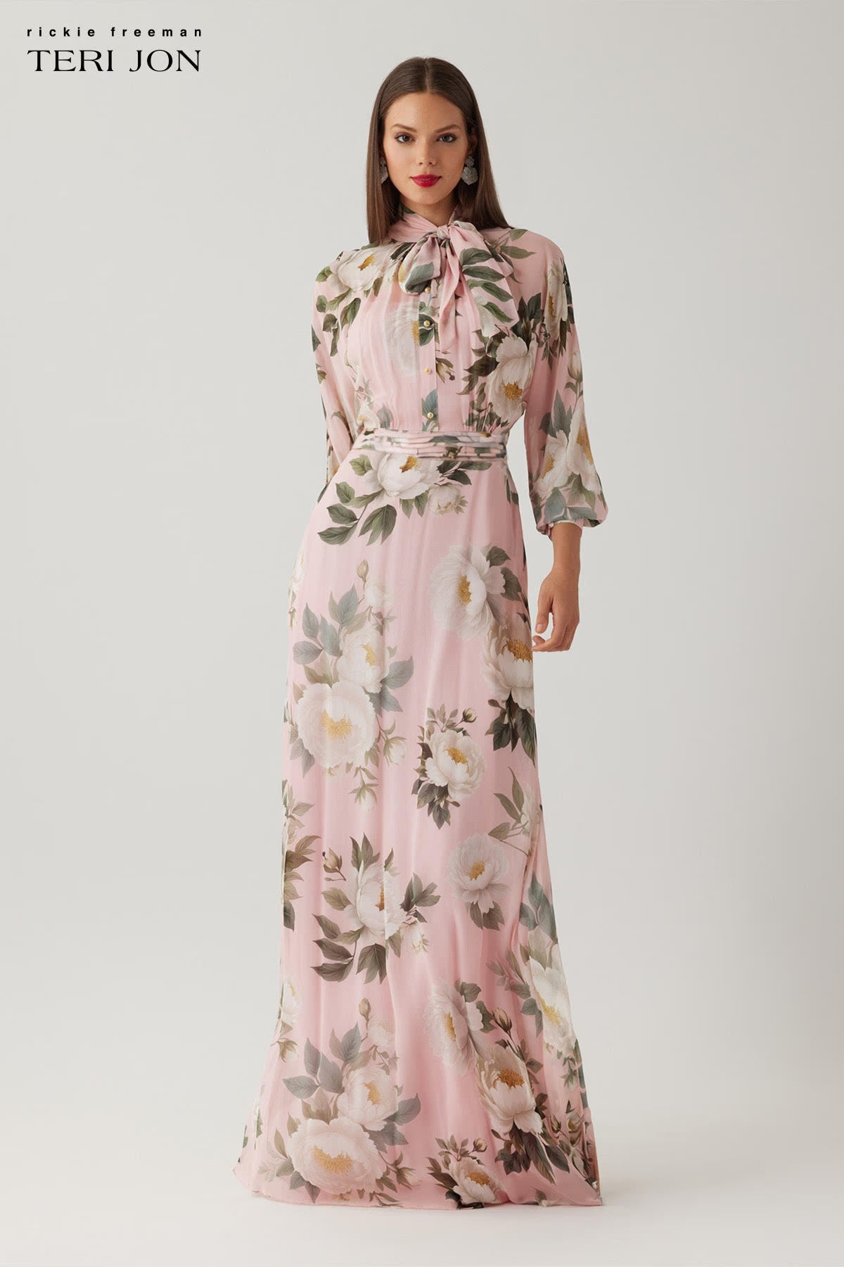 TERI JON - Chiffon Floral Printed Tie Neck Gown in Blush Multi