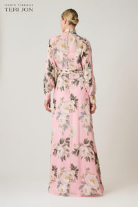 TERI JON - Chiffon Floral Printed Tie Neck Gown in Blush Multi
