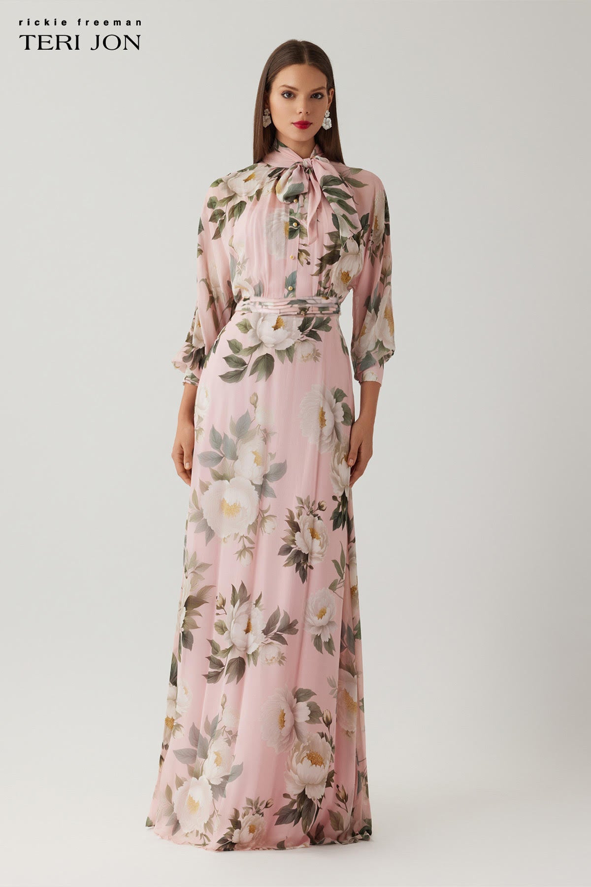 TERI JON - Chiffon Floral Printed Tie Neck Gown in Blush Multi
