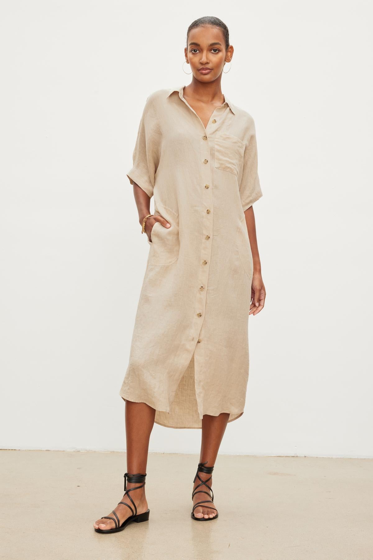 Velvet Sandra Woven Linen Button Up Dress Bernstein Gold