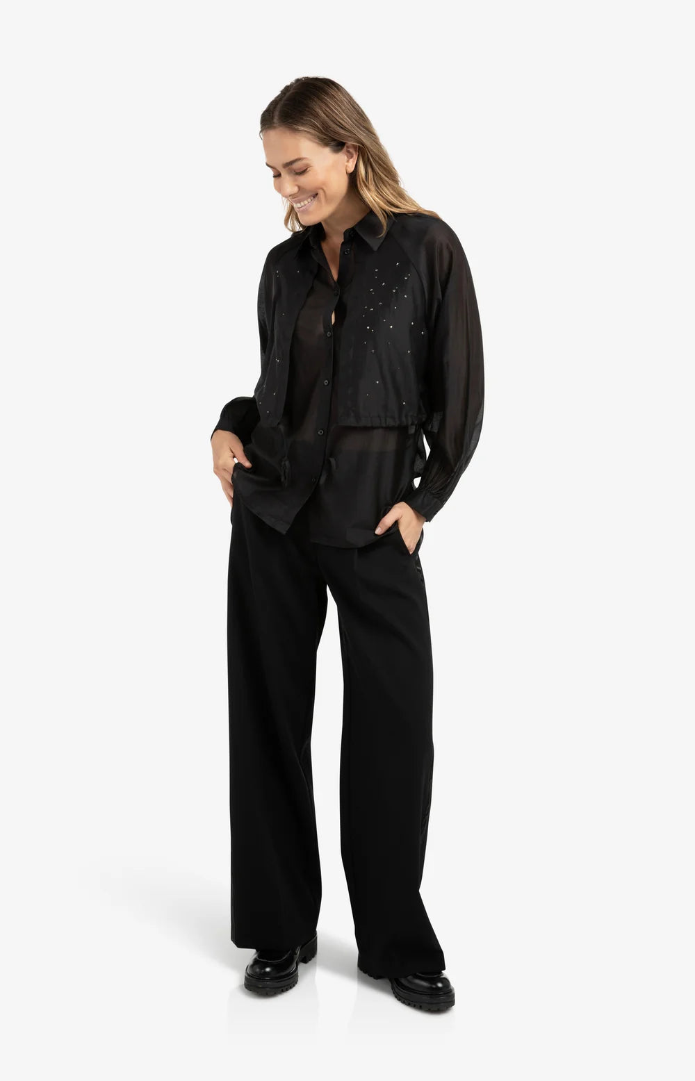 YAYA - Woven Wide Leg Trousers with Satin Side Tape