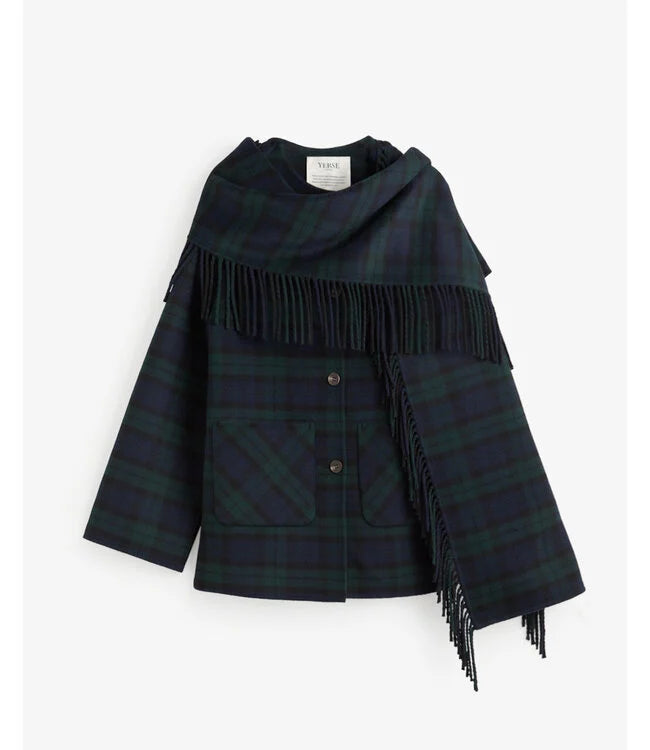 YERSE - Short Handmade Coat with Scarf Detail in Checks