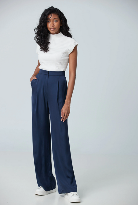 Iris Setlakwe - High waist pant with front pleats in Navy Satin