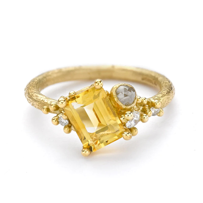 Ruth Tomlinson - Emerald Cut Citrine and Diamond Cluster Ring