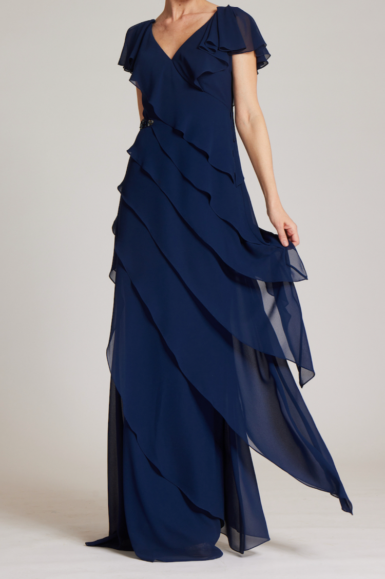 TERI JON - Dioni - Georgette diagonal tiered riffle bodice gown