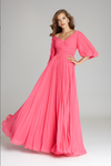 Teri Jon - Hailey - Chiffon Puff Sleeve Pleated V-neck Gown - Watermelon