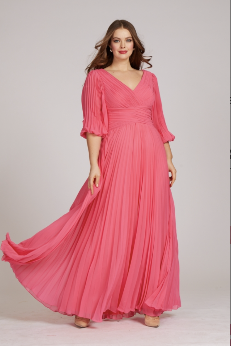 TERI JON - Hailey - Chiffon Puff Sleeve Pleated V-neck Gown - Watermelon
